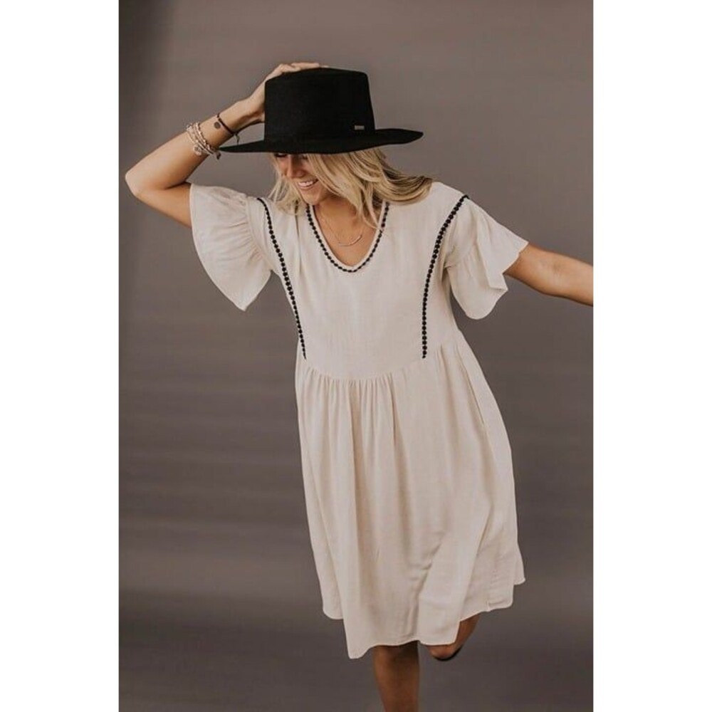 Boho Prairie Dress Size XS Roolee Flutter Sleeves Pom Trim Cottagecore